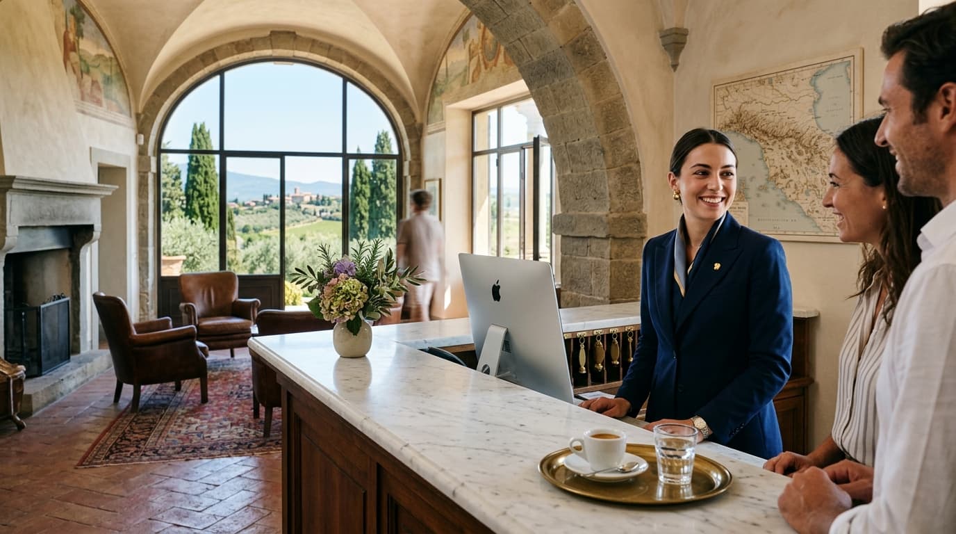 Receptionist di hotel italiano che accoglie ospiti al banco di ricevimento in marmo