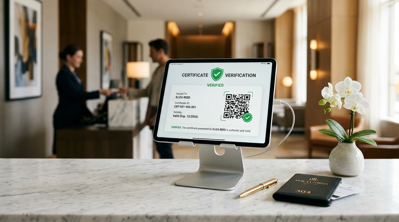 Digital certificate verification screen with QR code displayed on tablet at hotel reception
