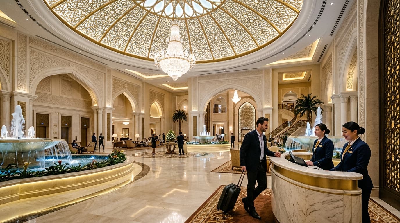 Front office receptionists welcoming guest in palatial 5-star luxury hotel lobby in Dubai