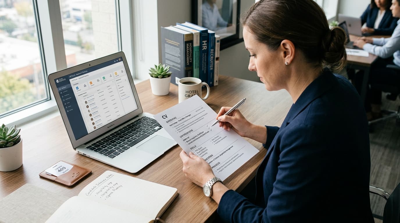 Hotel hiring manager reviewing candidate CV and credentials at office desk
