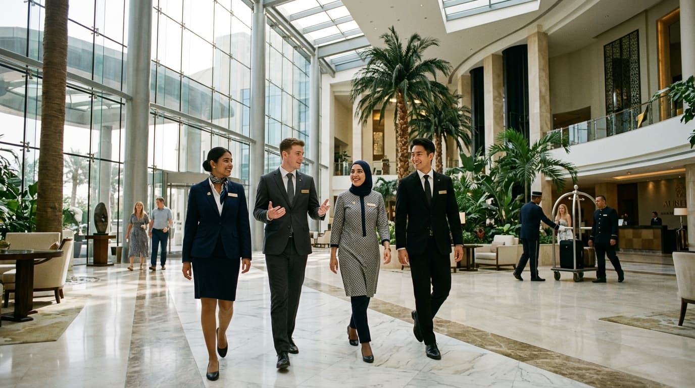 International hospitality staff walking through grand luxury resort atrium lobby