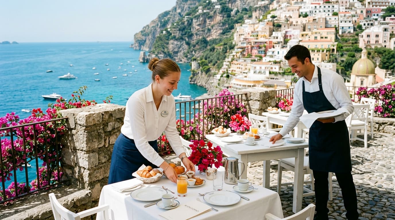 Personale alberghiero che prepara la terrazza colazioni con vista panoramica sul mare