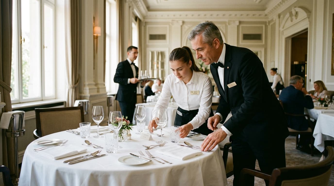 Head waiter training junior waiter on table setting and glassware alignment in hotel restaurant