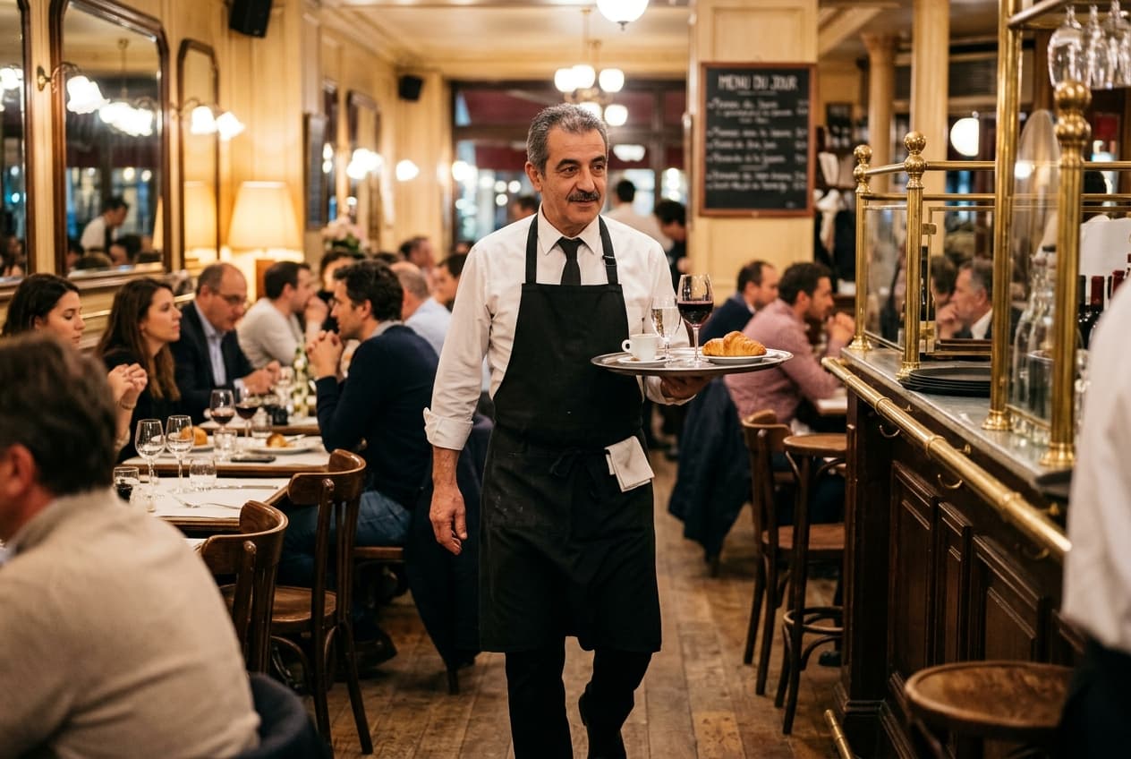 Professional French waiter in black apron carrying a service tray in a traditional Parisian brasserie