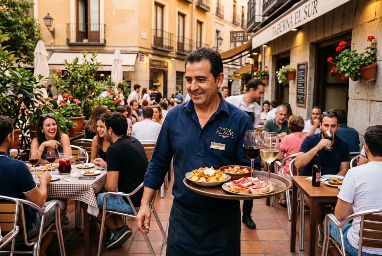 Spanish restaurant waiter serving tapas on a busy outdoor dining terrace in Madrid