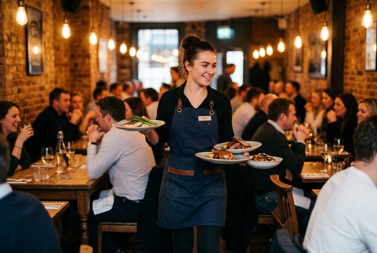 Restaurant server carrying dishes in an upscale contemporary London dining room