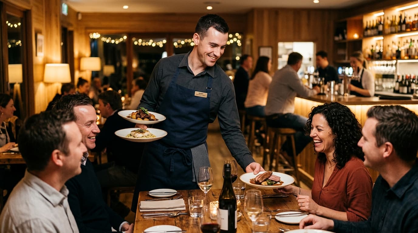 Professional waiter carrying dishes during restaurant service