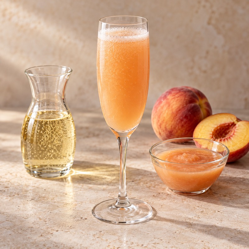 AI-generated illustration of a Bellini. Follow the written recipe, not the picture.