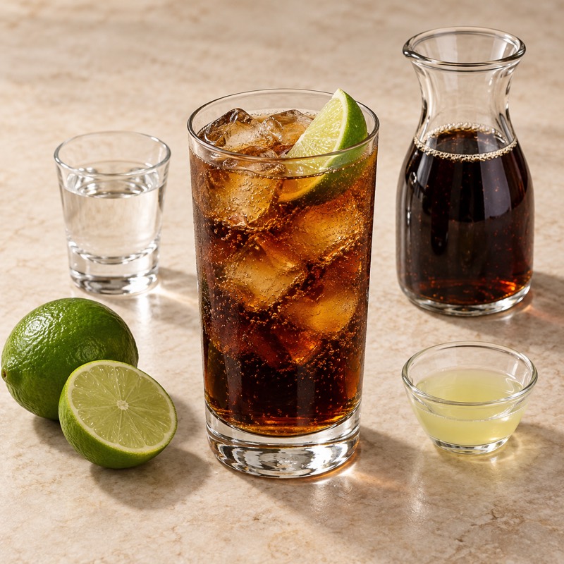 AI-generated illustration of a Cuba Libre. Follow the written recipe, not the picture.