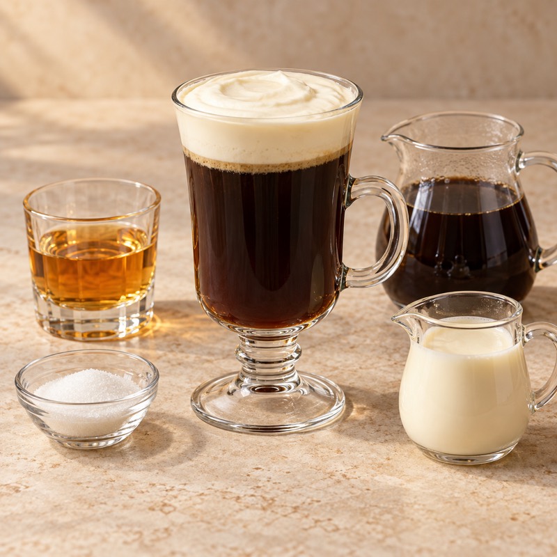 AI-generated illustration of a Irish Coffee. Follow the written recipe, not the picture.
