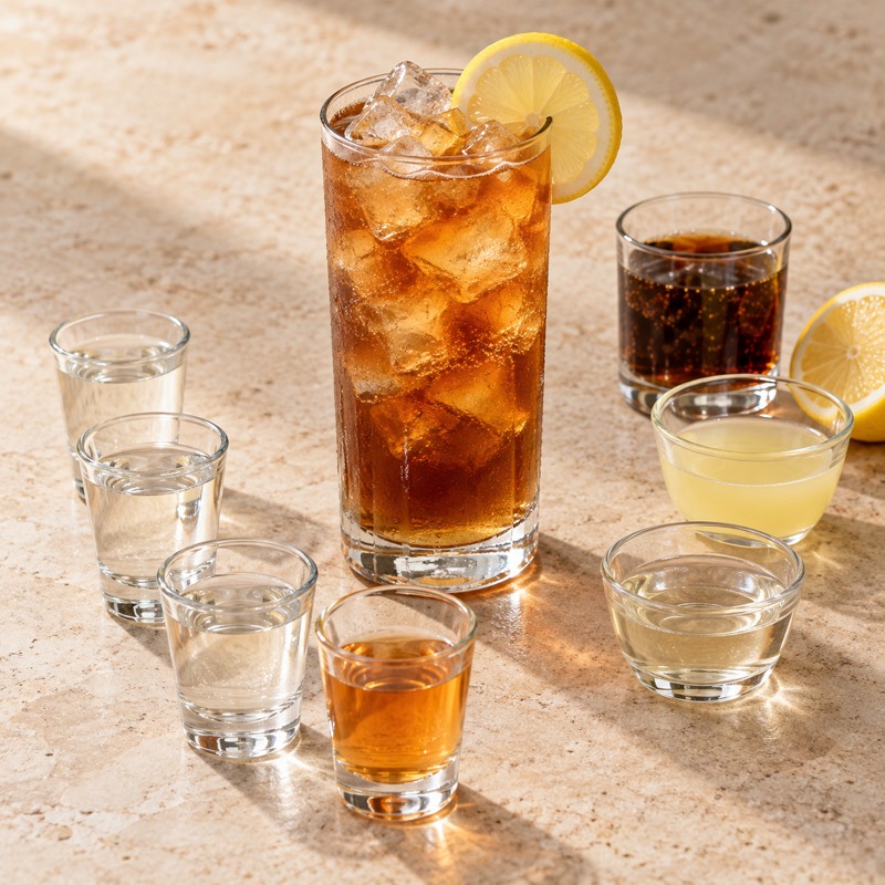 AI-generated illustration of a Long Island Iced Tea. Follow the written recipe, not the picture.