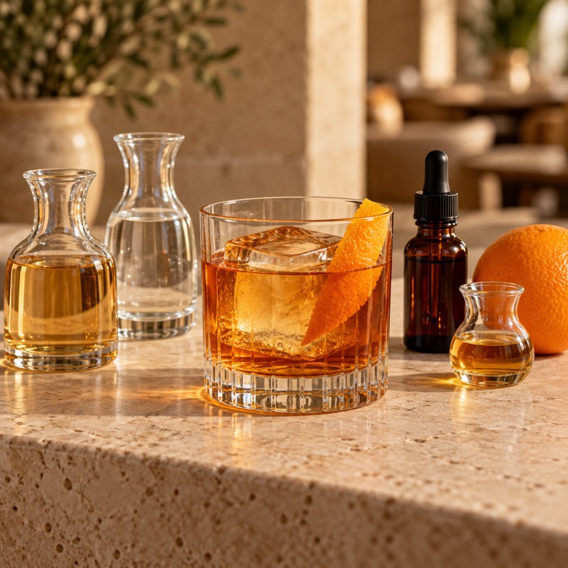 AI-generated illustration of a Oaxaca Old Fashioned. Follow the written recipe, not the picture.