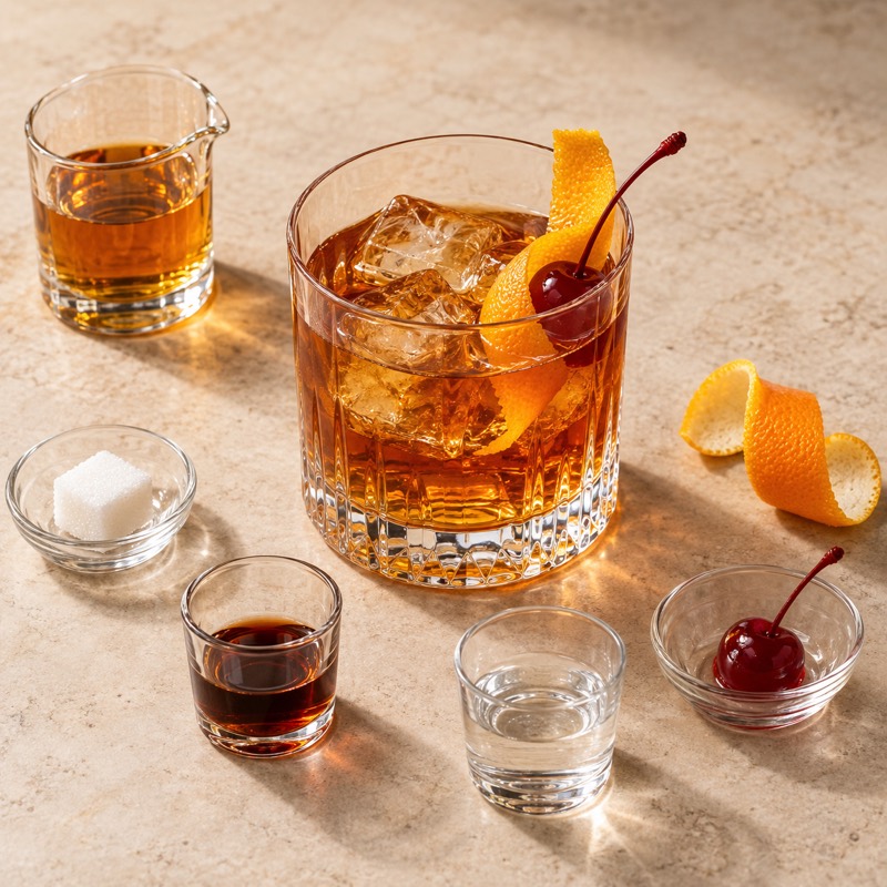 AI-generated illustration of a Old Fashioned. Follow the written recipe, not the picture.