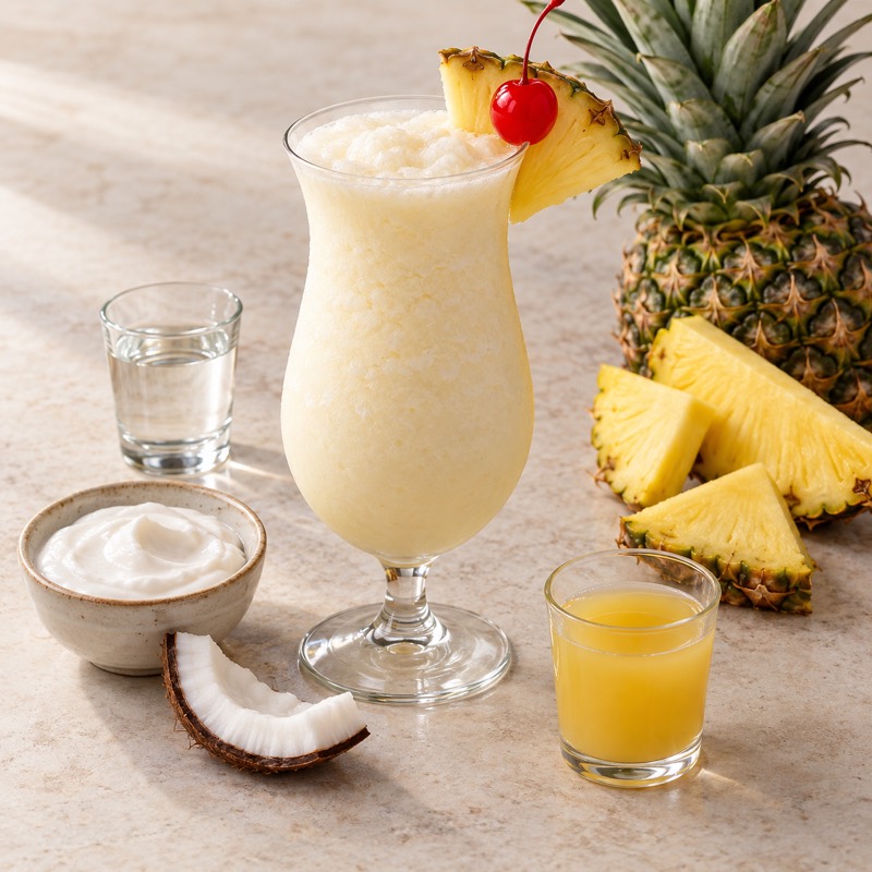 AI-generated illustration of a Piña Colada. Follow the written recipe, not the picture.