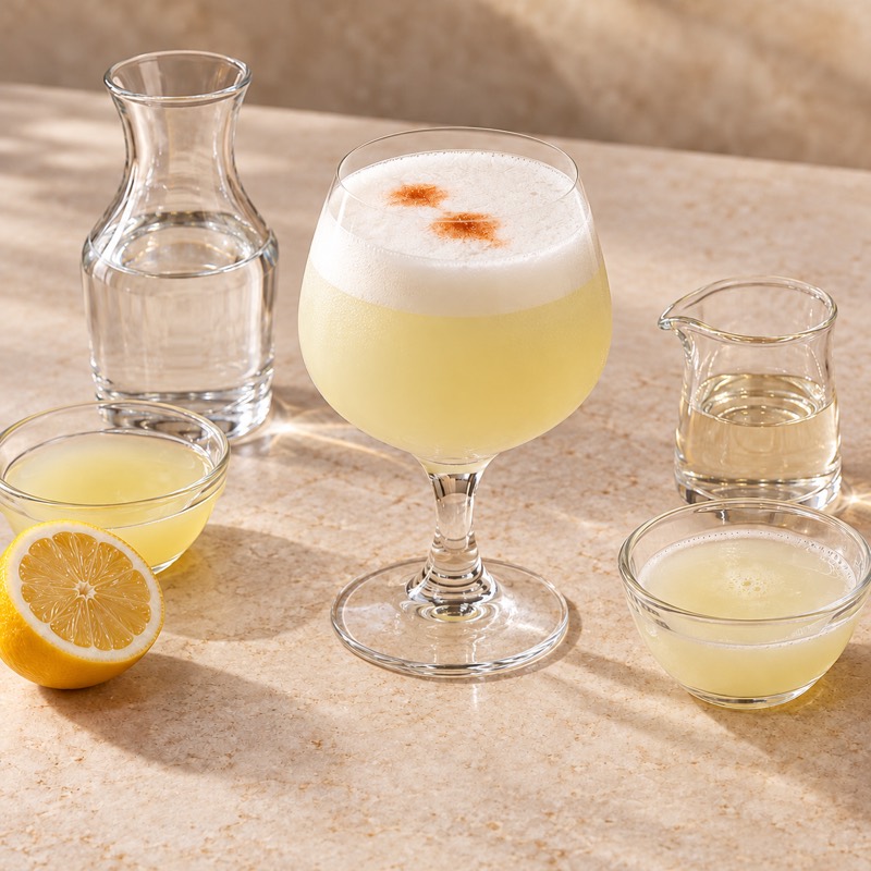 AI-generated illustration of a Pisco Sour. Follow the written recipe, not the picture.