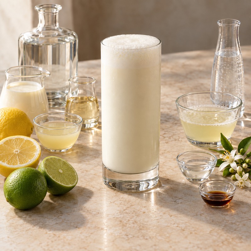 AI-generated illustration of a Ramos Fizz. Follow the written recipe, not the picture.
