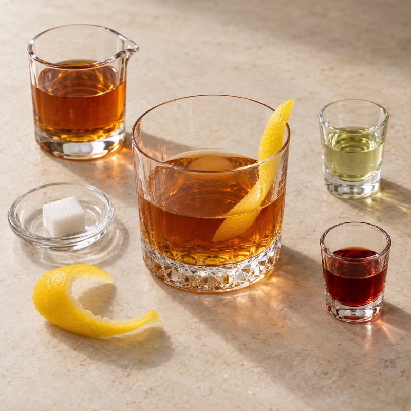 AI-generated illustration of a Sazerac — cognac reference. Follow the written recipe, not the picture.