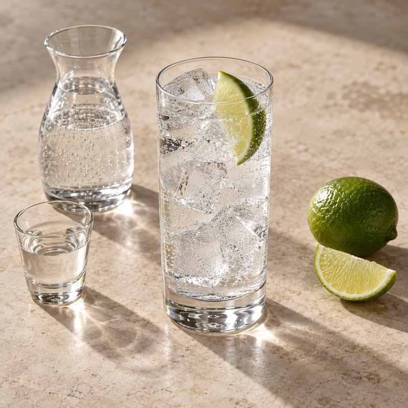 AI-generated illustration of a Vodka Soda. Follow the written recipe, not the picture.