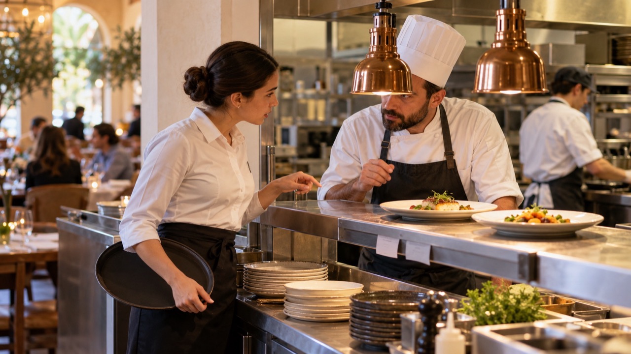 Server verifies a guest allergy with the chef at the kitchen pass before taking the dish.