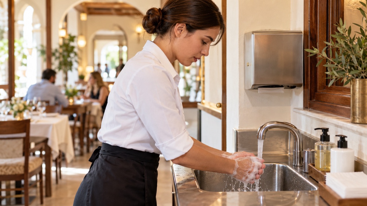 Server washes hands properly at a dedicated handwashing basin away from food.