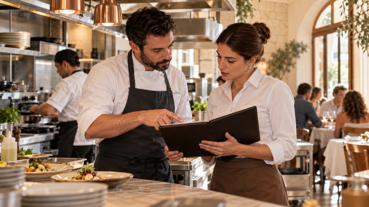 A server and chef consult a reference folder together at the kitchen pass.