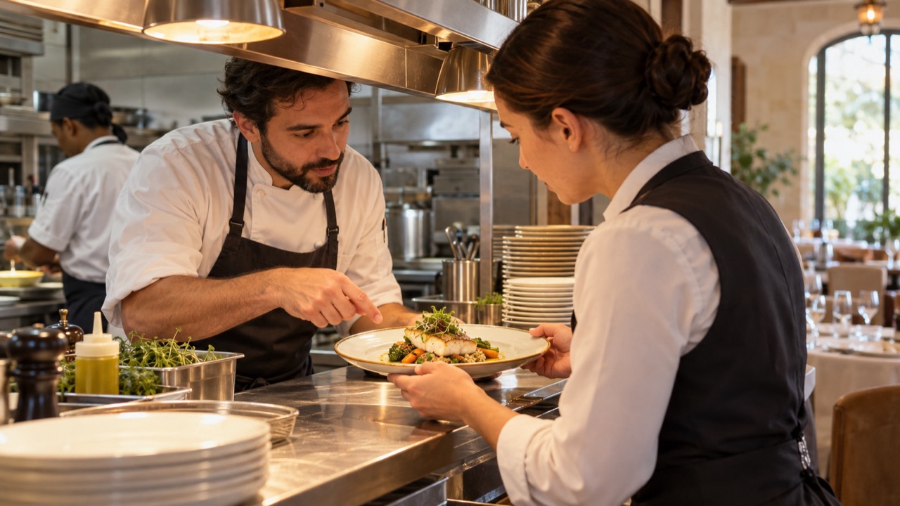 Server confirms a separately prepared plate with the chef at the pass before carrying it, clean utensils and uncluttered work surface.