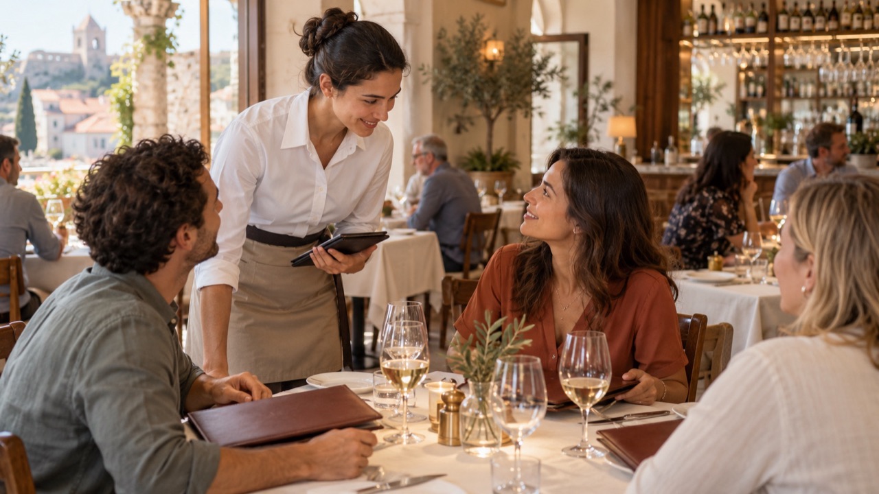 Server notices a guest looking for assistance and approaches attentively.