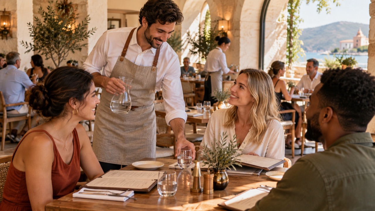 Server follows the service flow by offering water to newly seated guests.