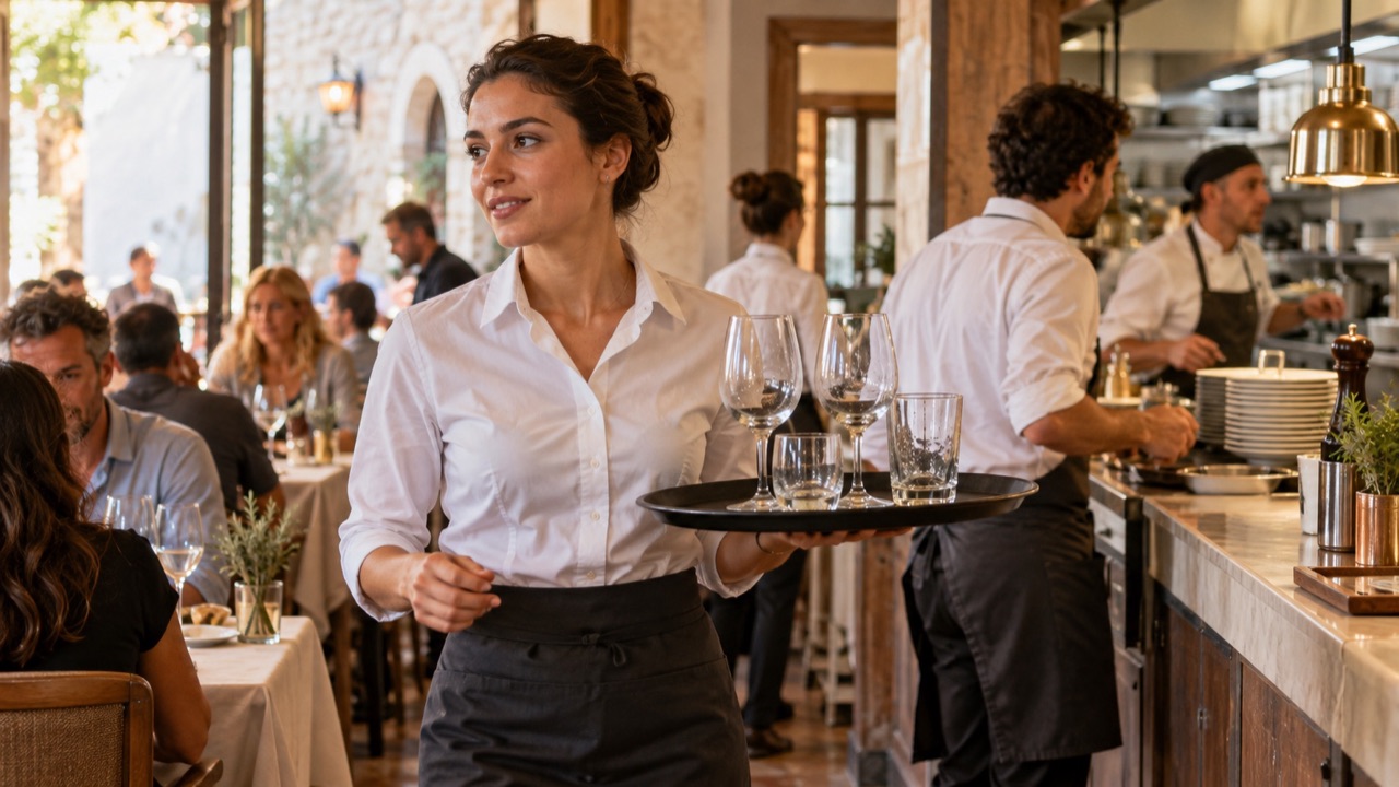 Server carries a safely balanced tray with a few empty glasses on a clear route to the service station, not overloaded.