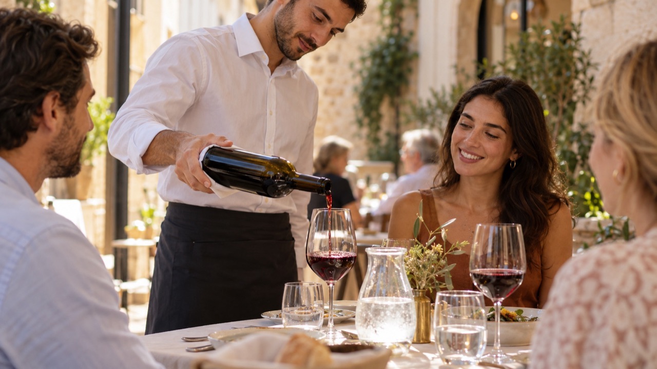 Server pours a modest serving of wine at the table for adult guests, holding a plain bottle with no readable label and not touching glass rims.