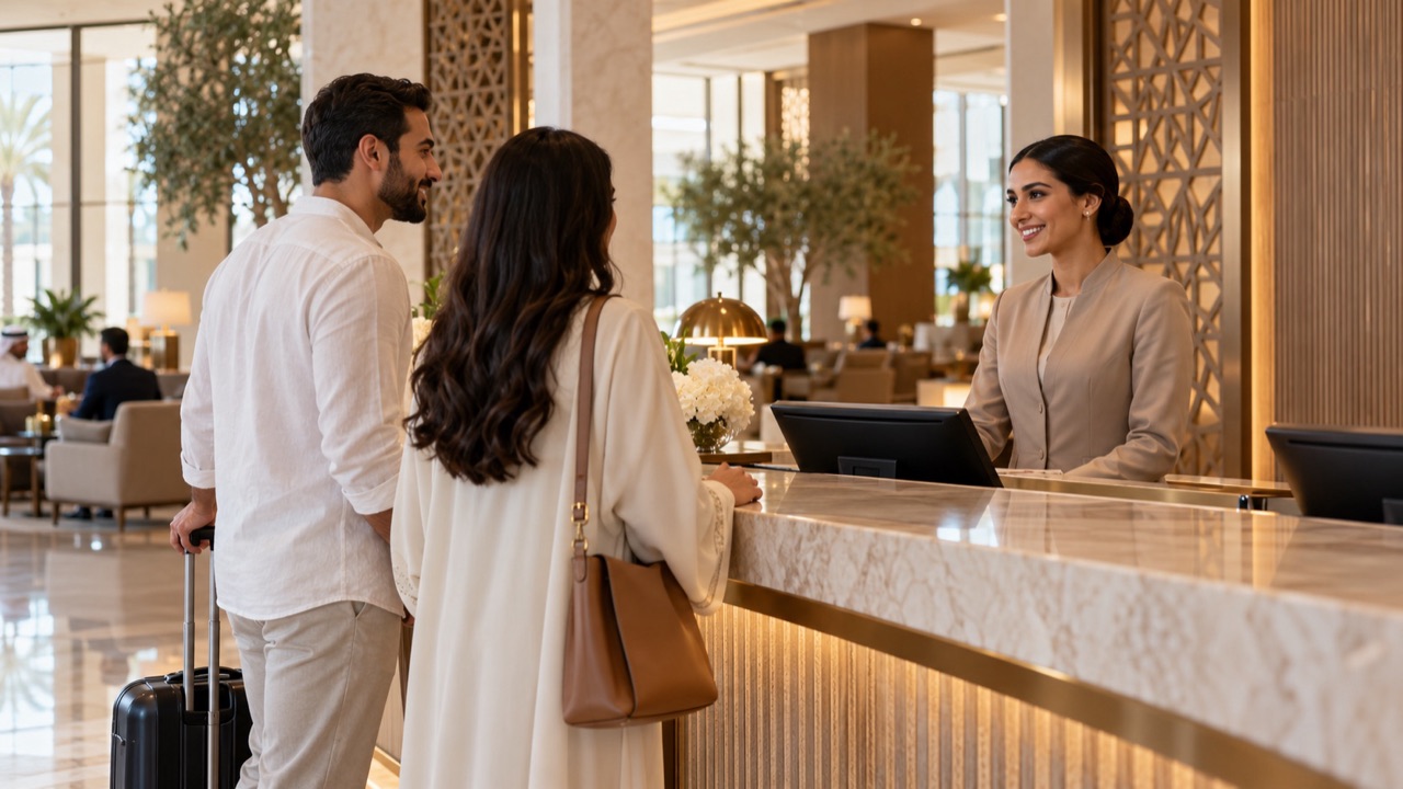 Gulf hotel receptionist greets a arriving guest professionally in an understated warm hotel lobby.