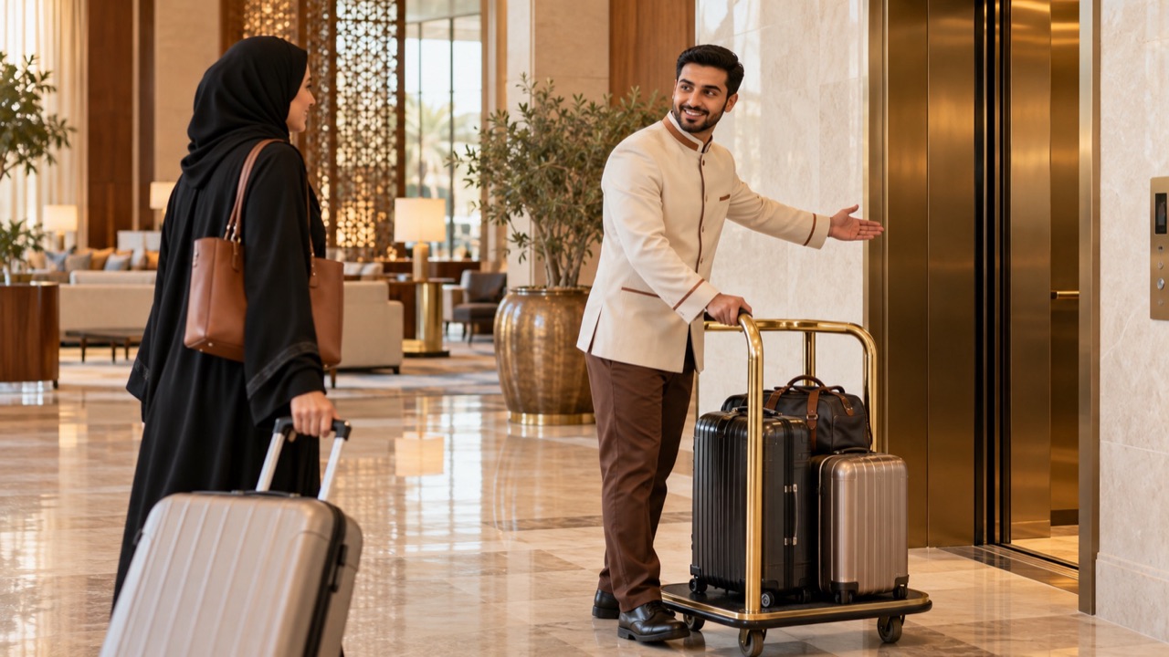 Hotel porter offers to escort a guest with luggage toward the lift after check-in, waiting for the guest to follow.