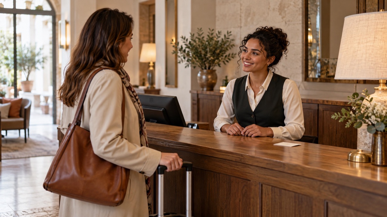 Receptionist greets an arriving traveler at an uncluttered wood reception desk.