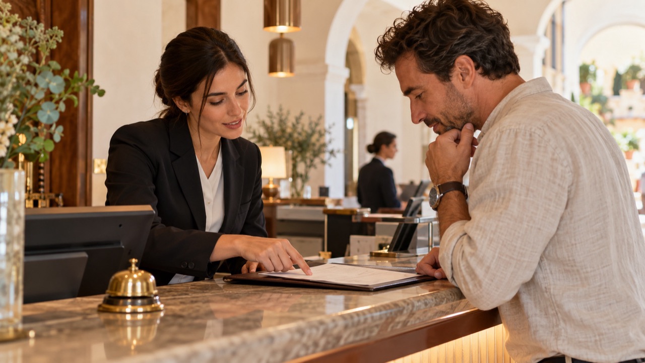 Receptionist and guest review an itemized folio together at the counter.