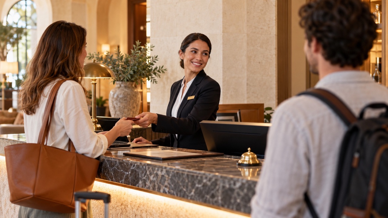 Receptionist acknowledges a second waiting guest with eye contact while completing the current guest interaction.