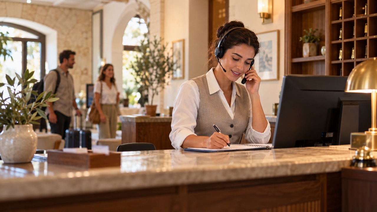 Receptionist confirms a telephone booking, using a headset and making a careful note.
