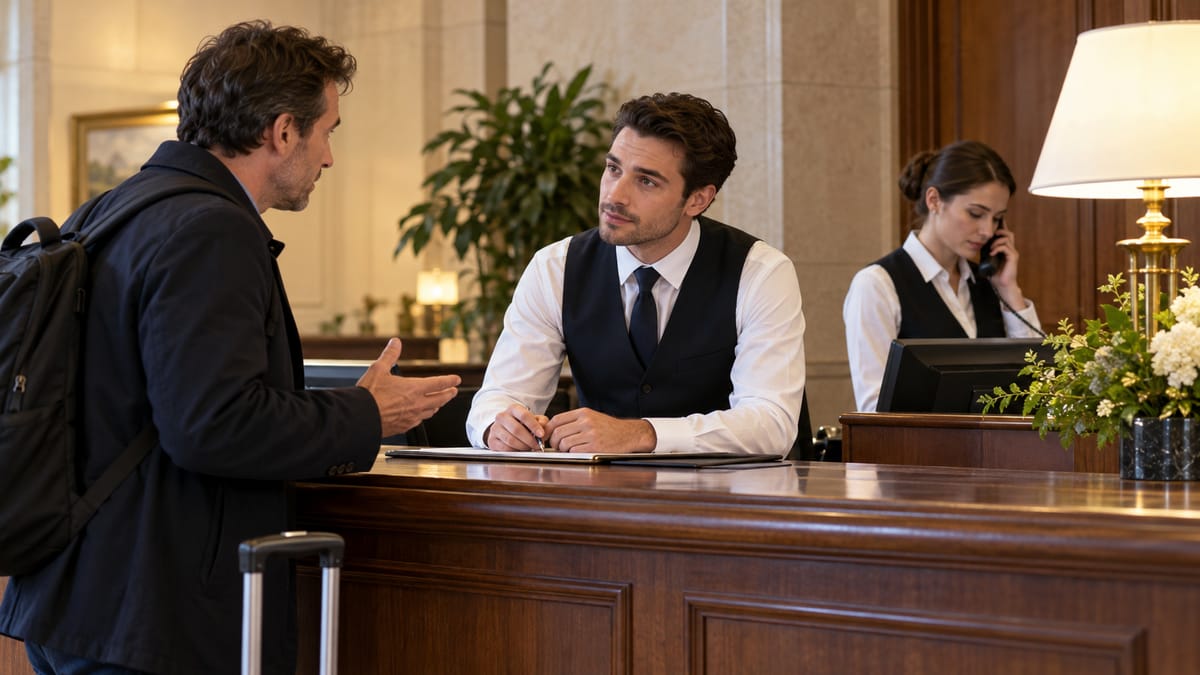 A supervisor listens to a concerned traveler while a colleague covers reception. AI-generated illustrative scene.