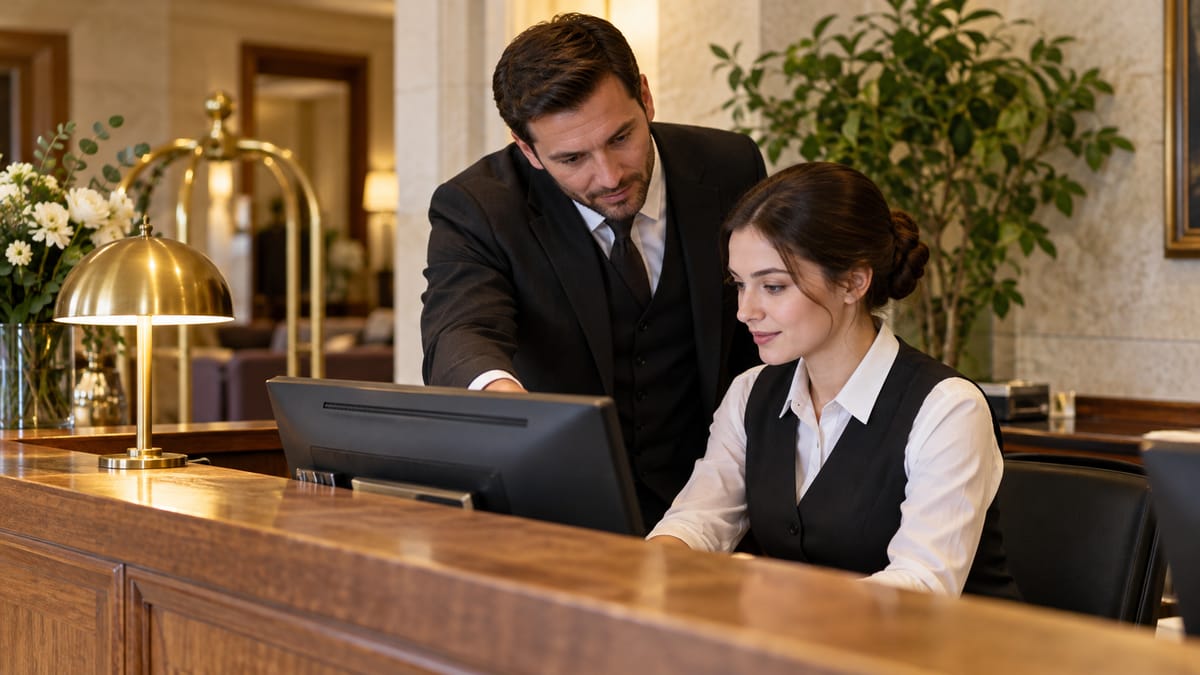 A supervisor coaches a new receptionist as they practise at the desk computer. AI-generated illustrative scene.