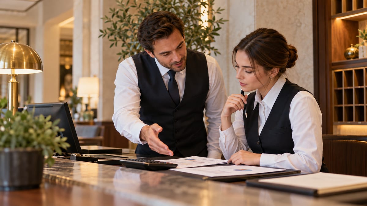 A supervisor and colleague review a room-performance report with a calculator. AI-generated illustrative scene.