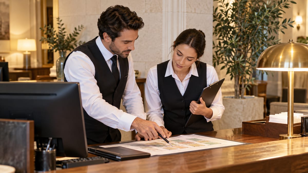 Reception and housekeeping colleagues review room allocation information together. AI-generated illustrative scene.