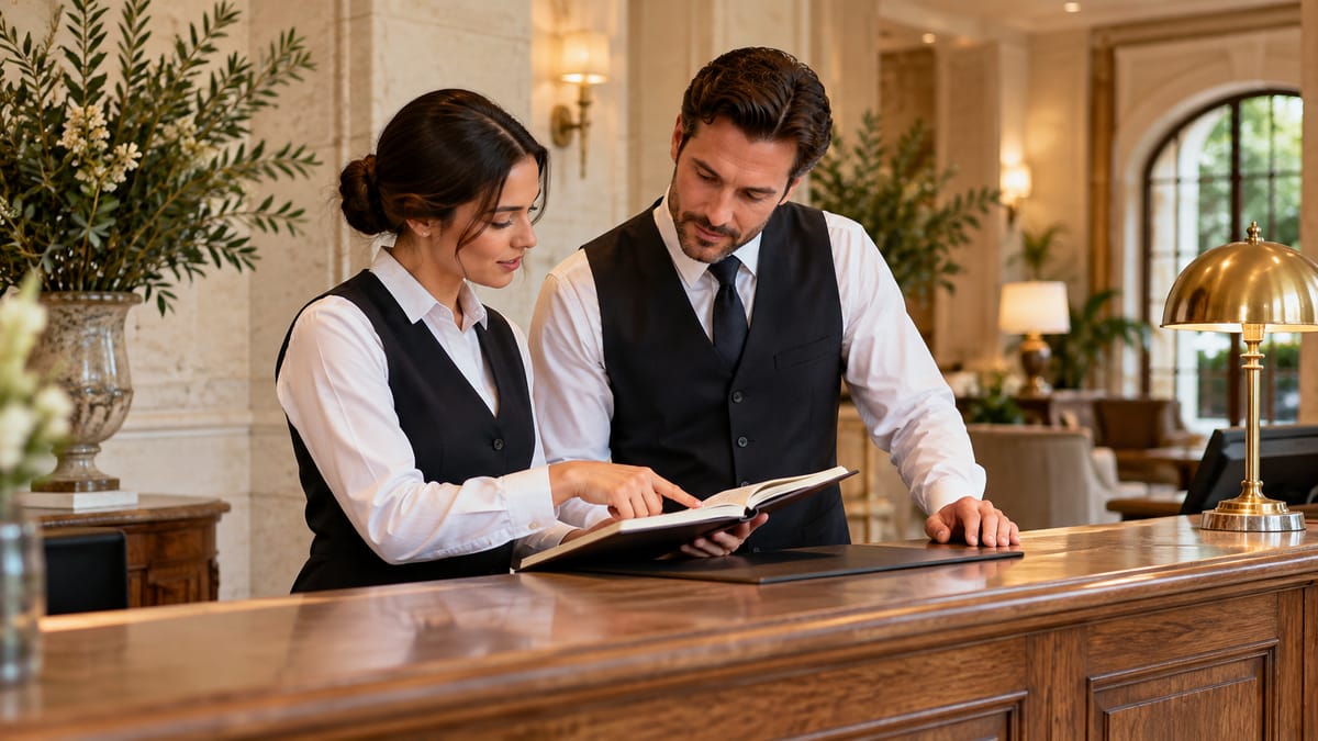 Two reception colleagues review a shift handover notebook at a wood hotel desk. AI-generated illustrative scene.