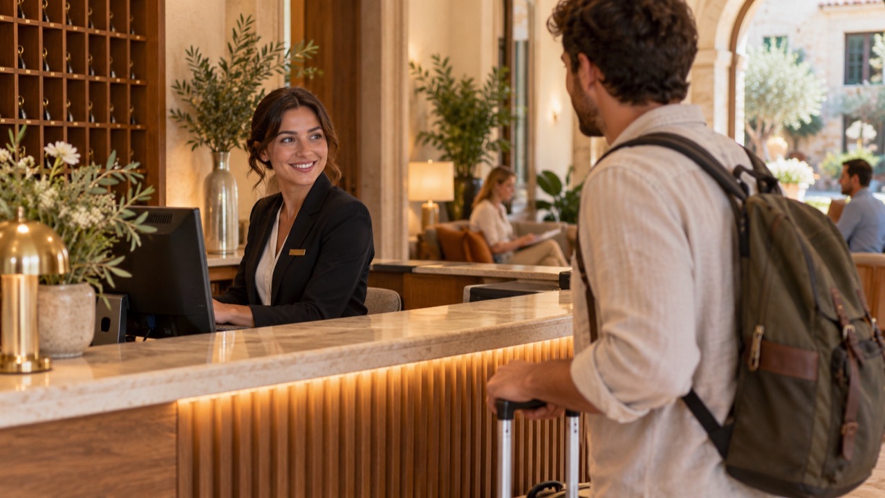Receptionist turns from the keyboard to make welcoming eye contact with an arriving traveler.