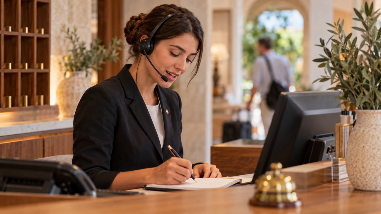 Receptionist speaking into a headset while carefully writing a caller's booking details on a notepad.