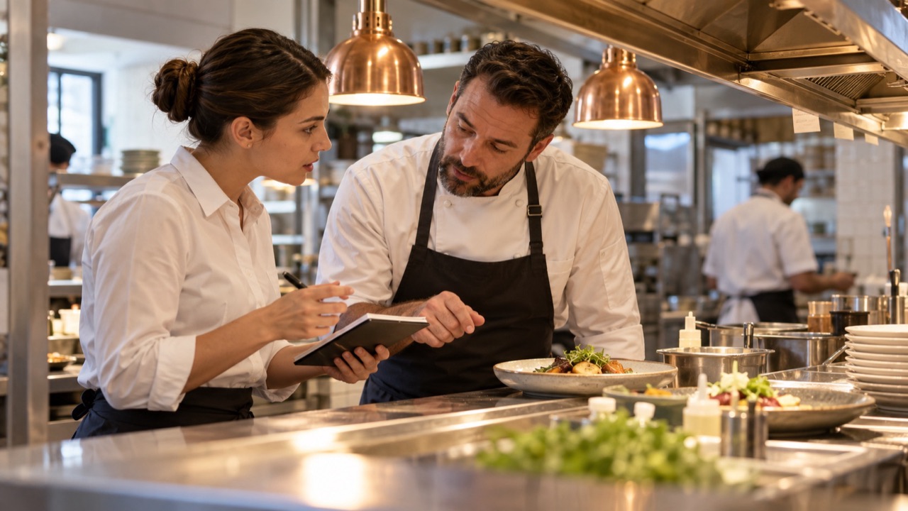 Server consults the chef at the kitchen pass about a guest dietary request before taking any food to the table.