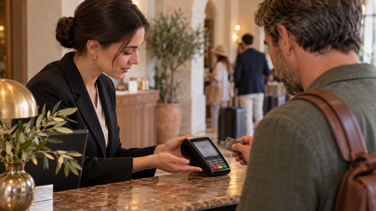 Close over-shoulder scene: receptionist discreetly angles a payment terminal toward its owner and offers space to try another card.