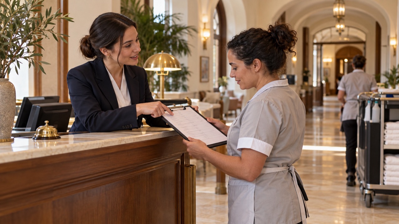 Receptionist briefs a housekeeping colleague with a room-status clipboard before the colleague starts work.