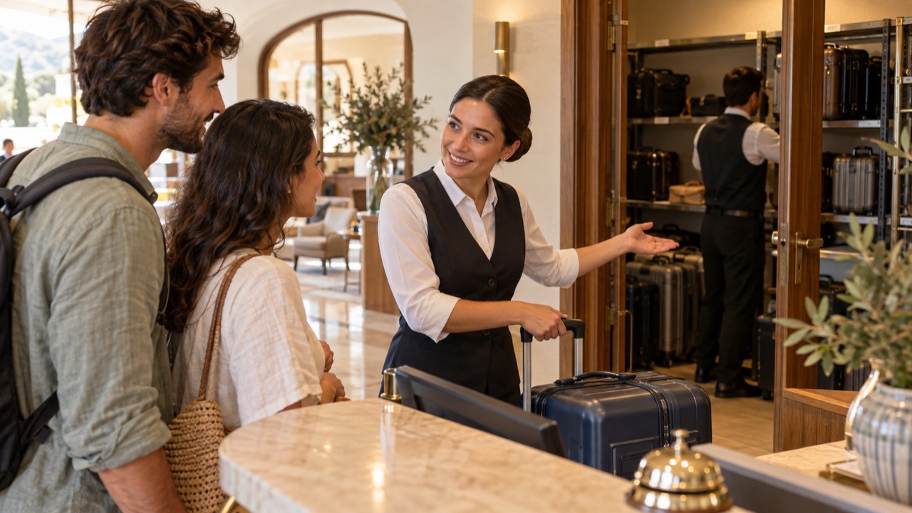 Receptionist offers early-arrival guests a safe attended luggage storage area while the guest room is being prepared.