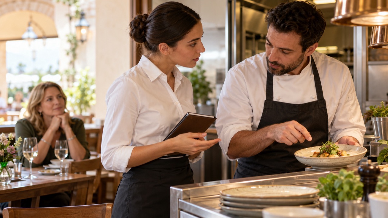 Server consults a chef about a dietary request before confirming an option to a waiting diner.