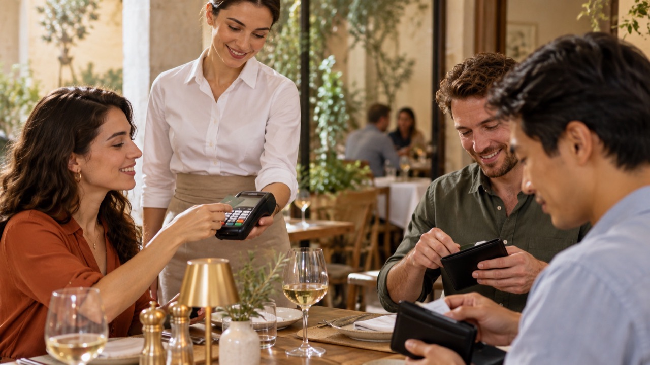 Server offers a card terminal to an adult dining guest while companions organize a separate payment, respectful and private.