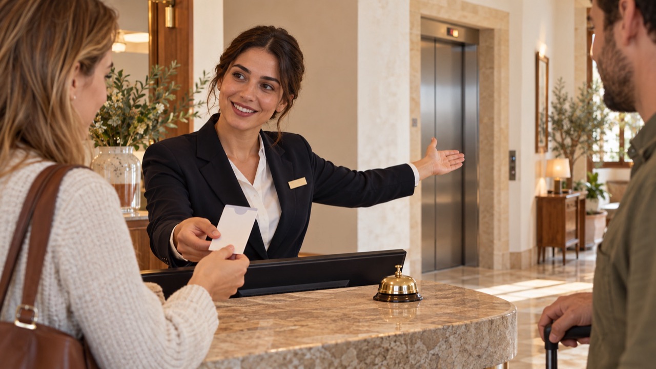 Receptionist hands a blank keycard sleeve to a guest and indicates the lift using an open-hand gesture.